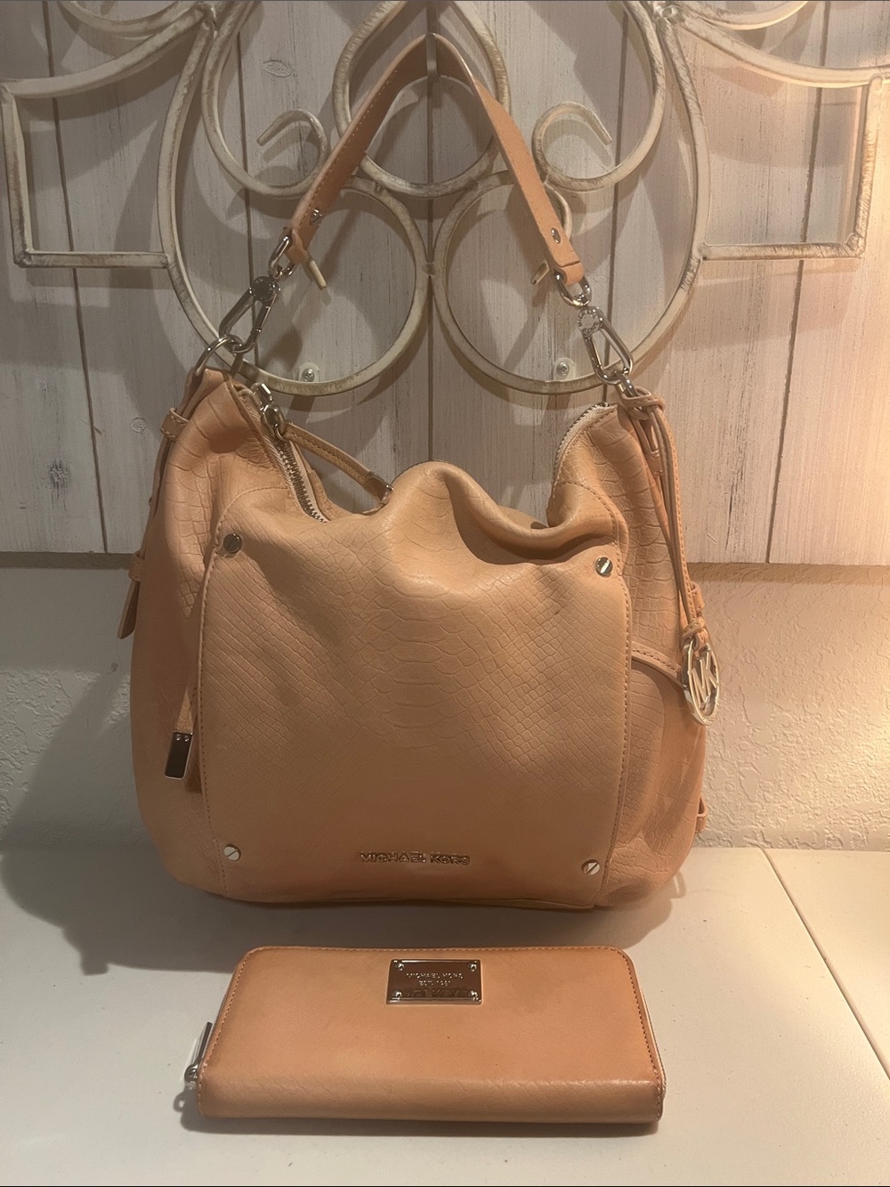 Michael Kors Peach Snake Embossed  Convertible Leather Bag & Matching Wallet